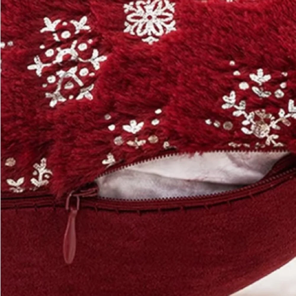 Snowflake Faux Fur SQUARE Pillow Covers RED/SILVER 18x18” (2-Pack)